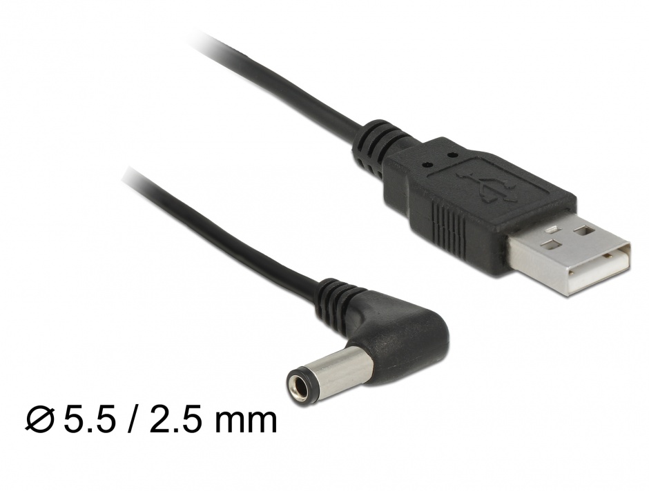 Imagine Cablu de alimentare USB la DC 5.5 x 2.5 mm unghi 90 grade 1.5m, Delock 85588