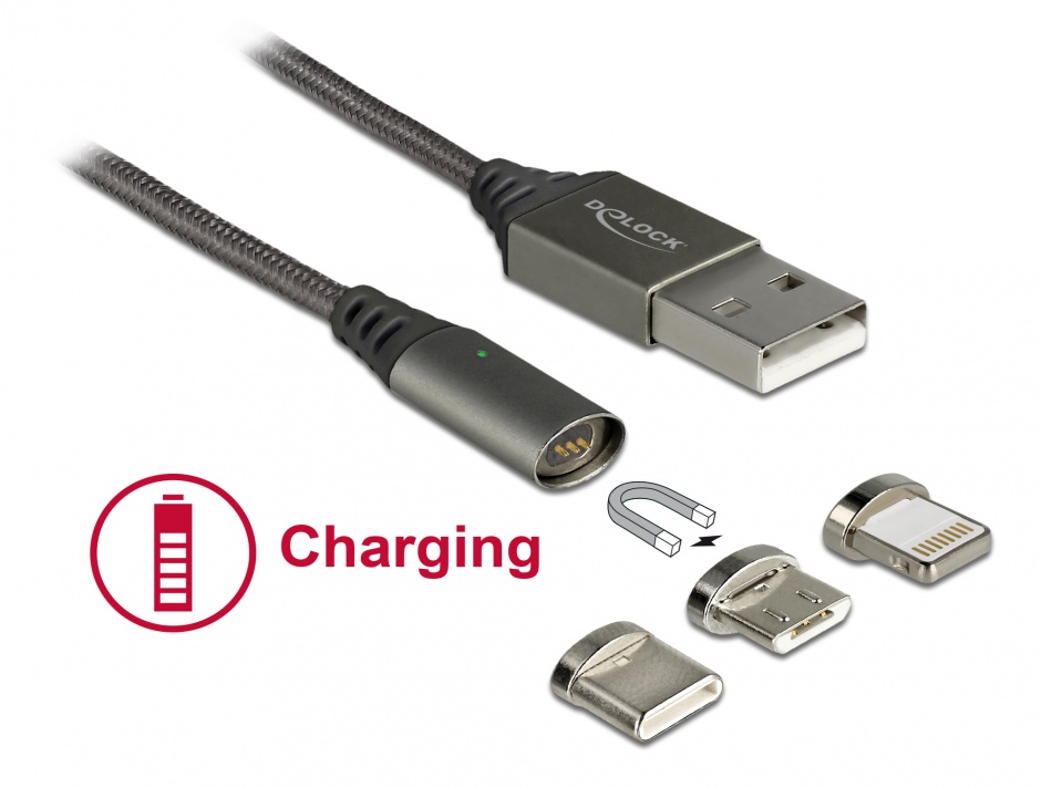 Imagine Cablu de incarcare magnetic USB la iPhone Lightning 8 pini / Micro USB / USB- C antracit 1m, Delock 85705