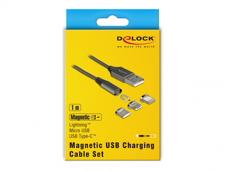 Imagine Cablu de incarcare magnetic USB la iPhone Lightning 8 pini / Micro USB / USB- C antracit 1m, Delock 