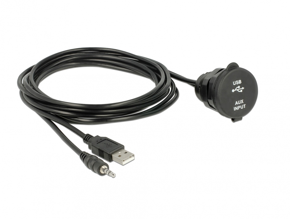 Imagine Cablu auto USB + jack stereo 3.5 mm 4 pini la USB + jack stereo 3.5 mm 4 pini (audio) T-M 2m Negru, 