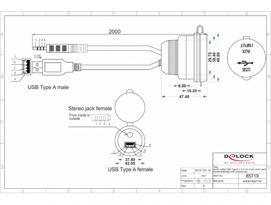 Imagine Cablu auto USB + jack stereo 3.5 mm 4 pini la USB + jack stereo 3.5 mm 4 pini (audio) T-M 2m Negru, 
