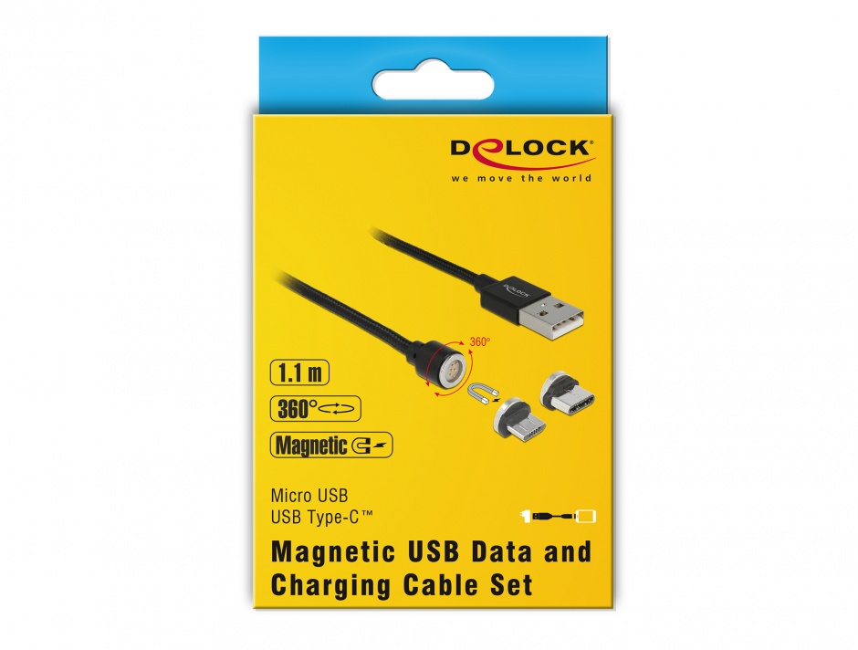 Imagine Cablu USB magnetic date + incarcare Micro USB / USB-C 1.1m Negru, Delock 85723