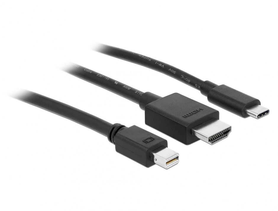 Imagine Cablu mini Displayport / HDMI / USB-C la HDMI 4K@60Hz T-T 1.8m Negru, Delock 85830