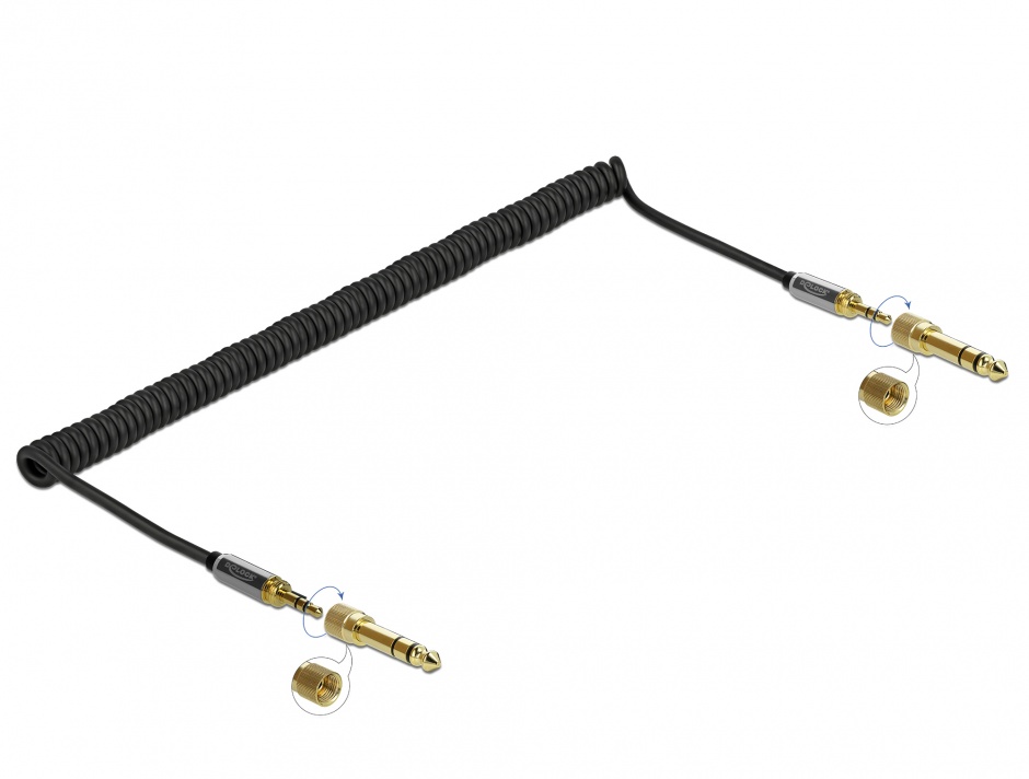 Imagine Cablu spiralat jack stereo 3.5mm 3 pini T-T + adaptor 6.35mm 3m, Delock 85838
