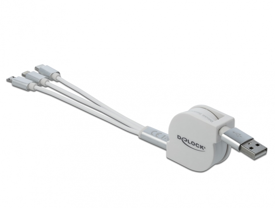Imagine Cablu USB 3 in 1 de incarcare retractabil iPhone Lightning / USB-C / micro USB-B Alb, Delock 85850
