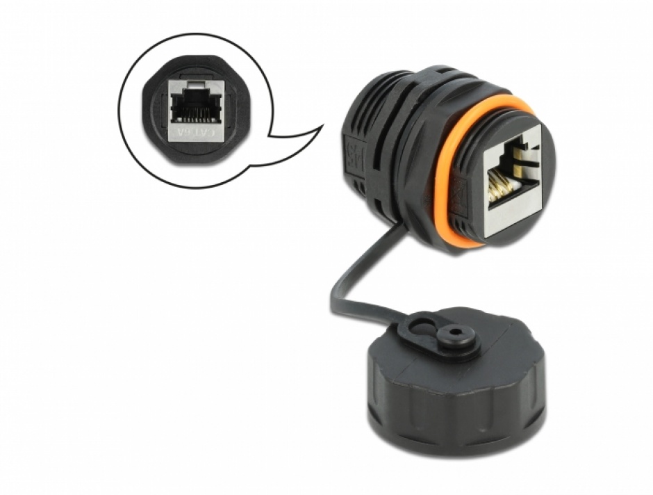 Imagine Cupla de retea RJ45 STP Cat.6A cu capac protectie waterproof, Delock 86694