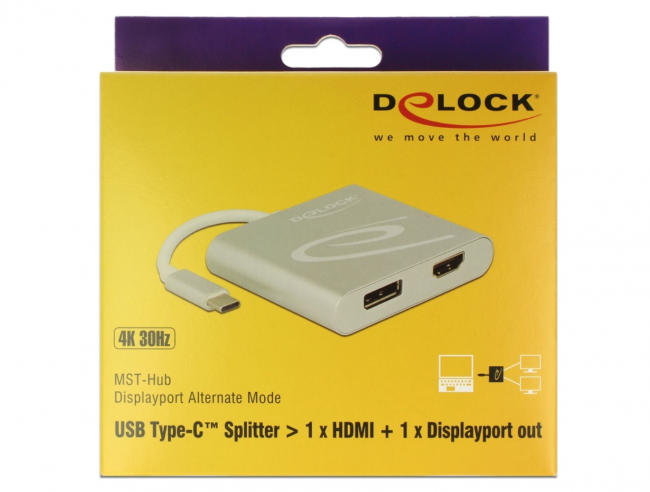 Imagine Multiplicator USB-C (DP Alt Mode) la 1 x HDMI + 1 x Displayport 4K 30 Hz, Delock 87716
