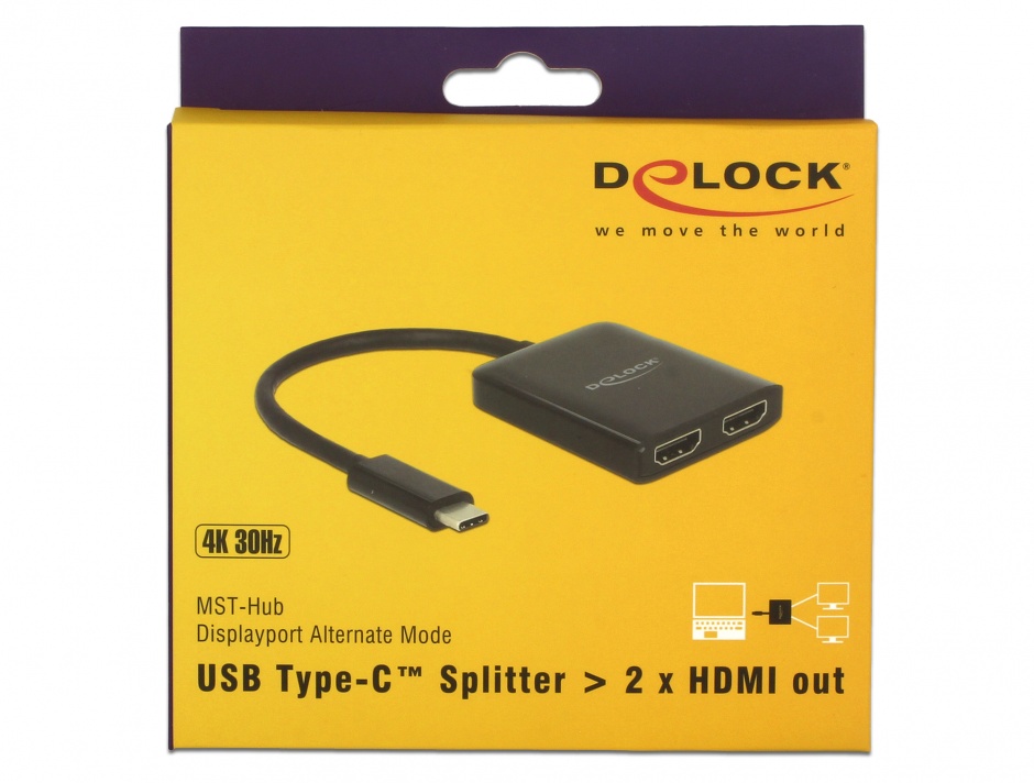 Imagine Multiplicator USB-C (DP Alt Mode) la 2 x HDMI  4K 30Hz negru, Delock 87719