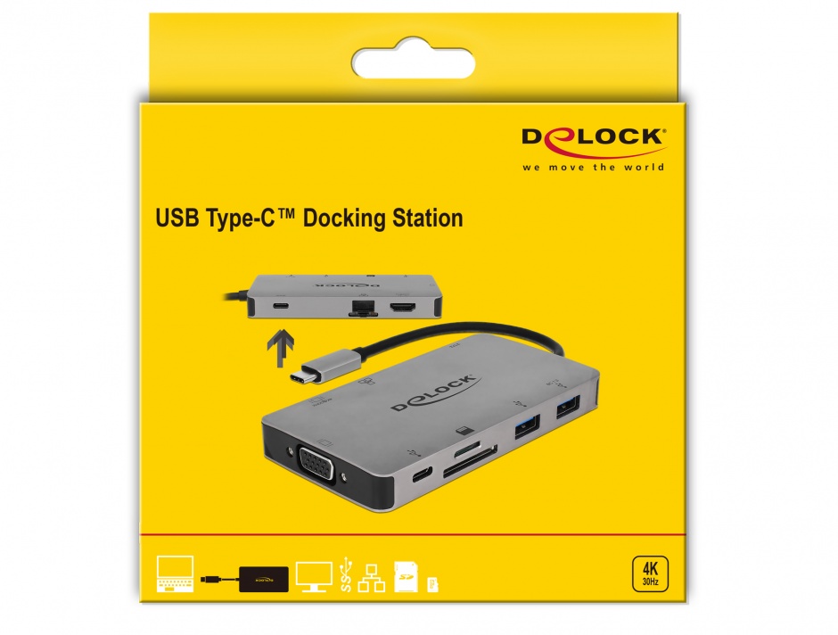 Imagine Docking Station USB-C la HDMI 4K / VGA / USB 3.1 / SD / LAN / PD 3.0, Delock 87735