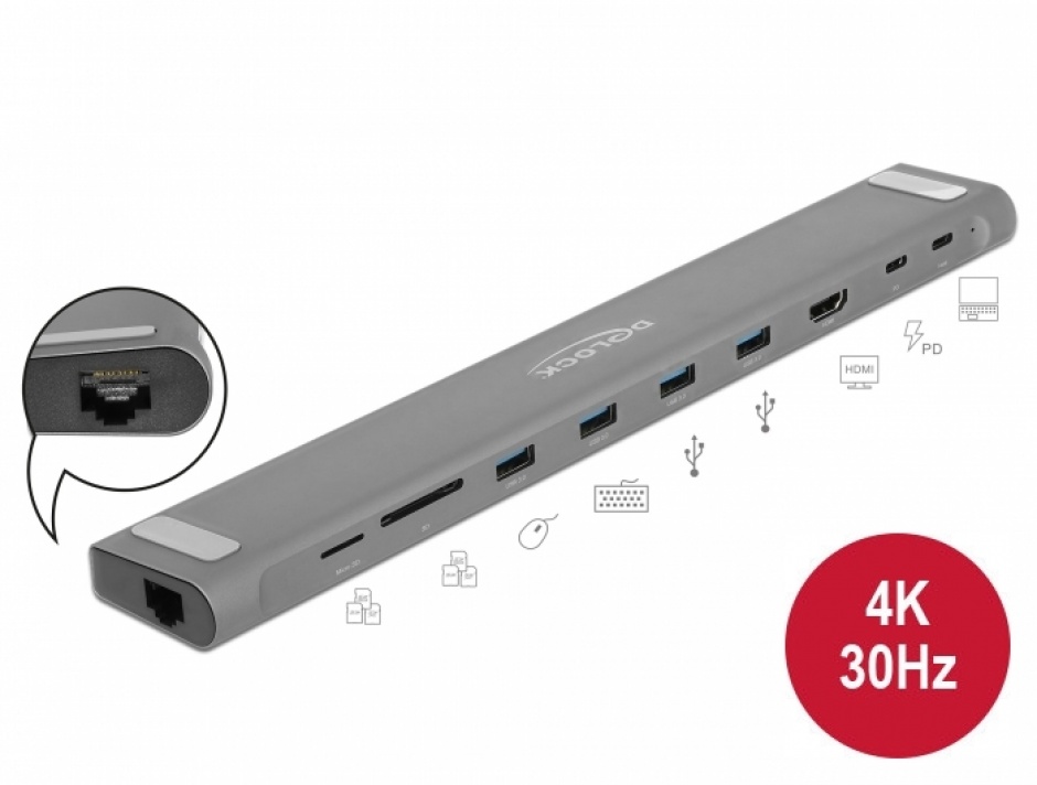 Imagine Docking Station slim USB 3.1-C la HDMI 4K30Hz / USB 3.0 / LAN / SD / PD 3.0, Delock 87748