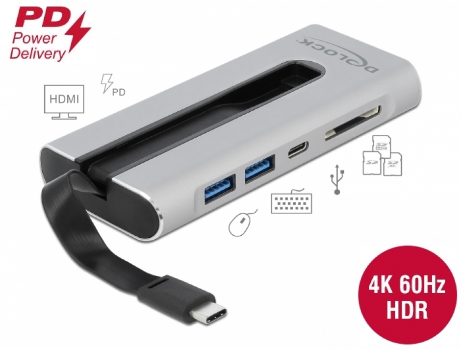 Imagine Docking Station USB-C la HDMI 4K@60Hz / USB 3.2 / SD / LAN / PD 3.0, Delock 87749