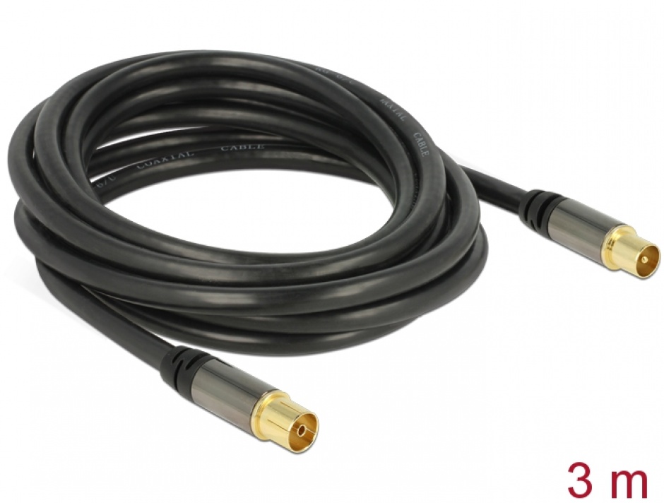 Imagine Cablu prelungitor antena IEC Plug la IEC Jack RG-6/U 3m Negru, Delock 88924