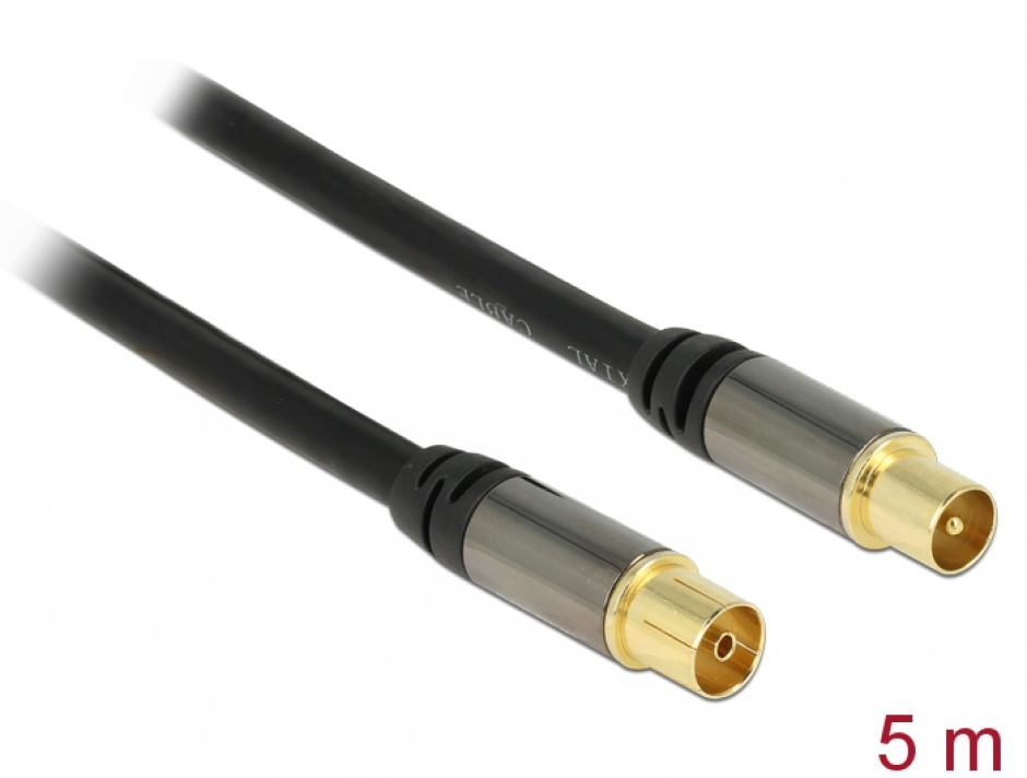 Imagine Cablu prelungitor antena IEC Plug la IEC Jack RG-6/U 5m Negru, Delock 88925