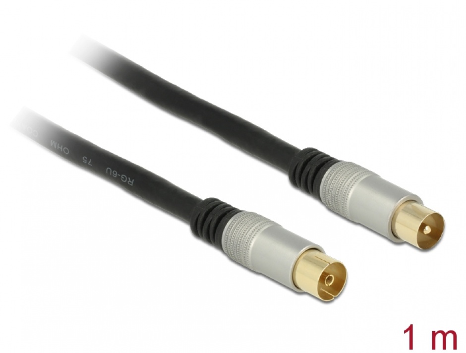 Imagine Cablu de antena IEC Plug la IEC Jack RG-6/U ecranat 1m Negru Premium, Delock 88945