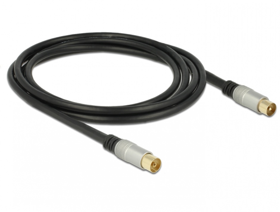 Imagine Cablu de antena IEC Plug la IEC Jack RG-6/U ecranat 2m Negru Premium, Delock 88946