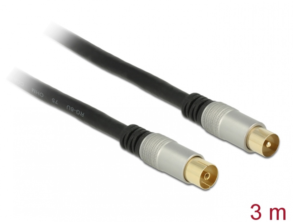 Imagine Cablu de antena IEC Plug la IEC Jack RG-6/U ecranat 3m Negru Premium, Delock 88947