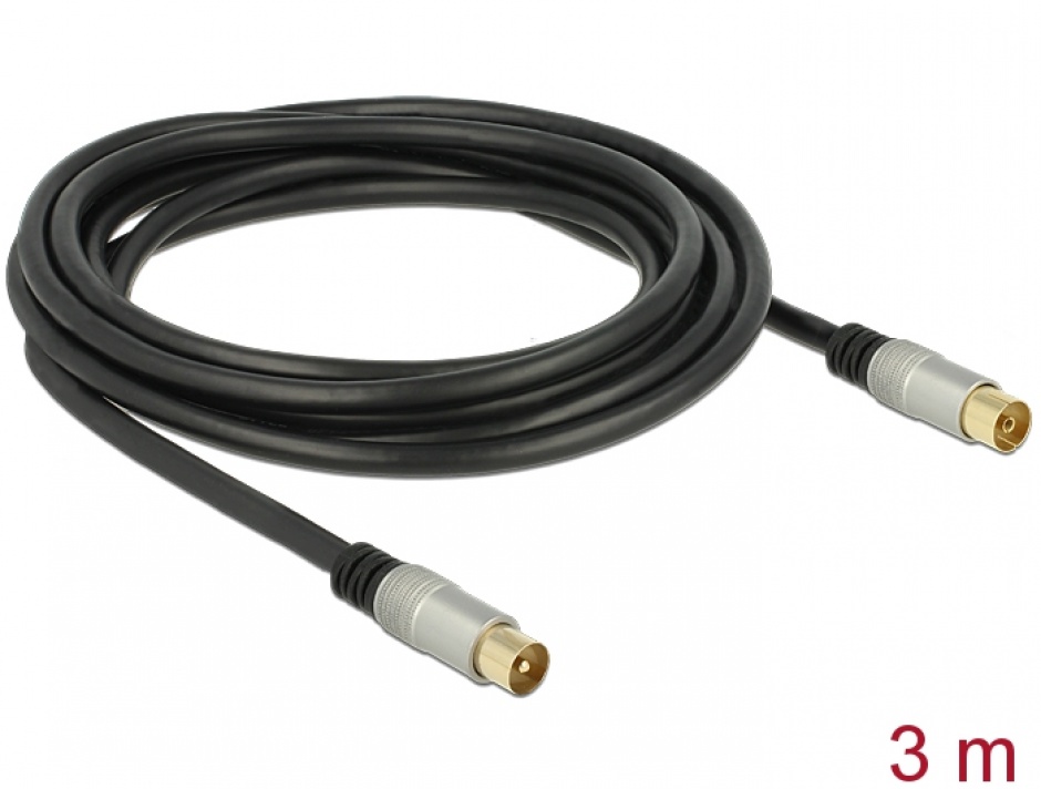 Imagine Cablu de antena IEC Plug la IEC Jack RG-6/U ecranat 3m Negru Premium, Delock 88947