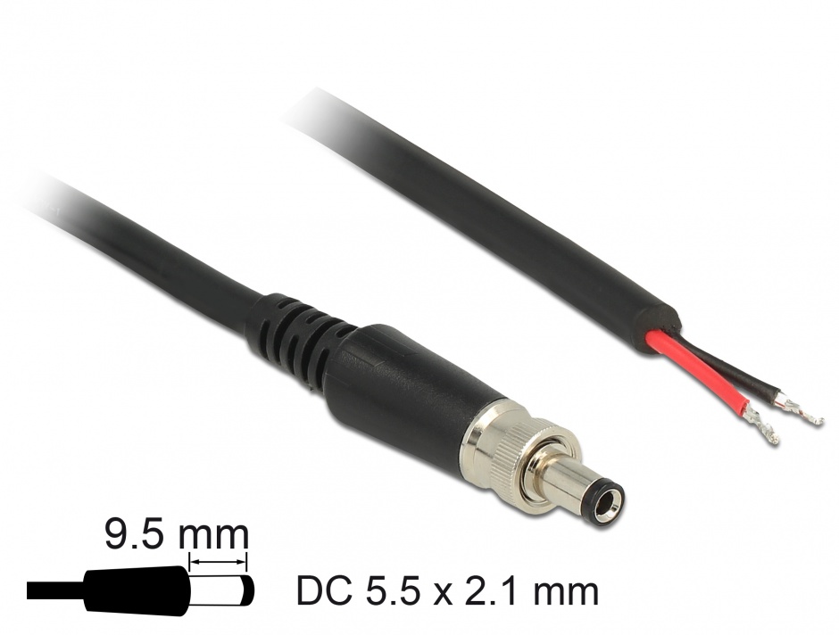Imagine Cablu de alimentare DC 5.5 x 2.1 x 9.5 mm la fire deschise 95cm, Delock 89907