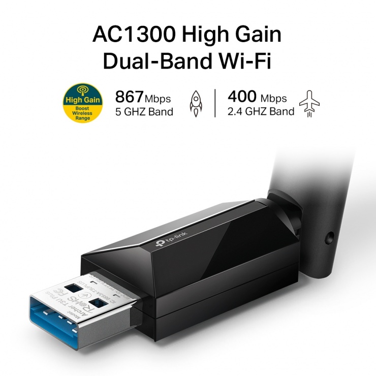 Imagine Adaptor USB AC1300 Dual-Band Wireless High-Gain, TP-LINK Archer T3U Plus
