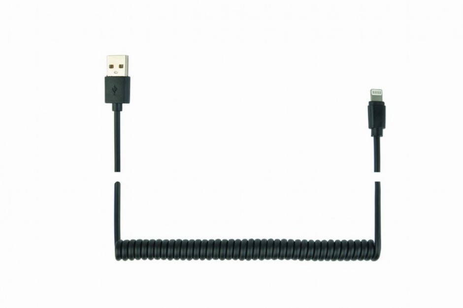 Imagine Cablu de incarcare + date USB 2.0 la iPhone Lightning spiralat 1.5m negru, Gembird CC-LMAM-1.5M