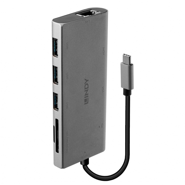 Imagine Docking station USB 3.1-C la VGA / HDMI 4K@30Hz / Gigabit LAN / 3 x USB 3.0-A / 1 x microSD / 1 x SD, Lindy L43278