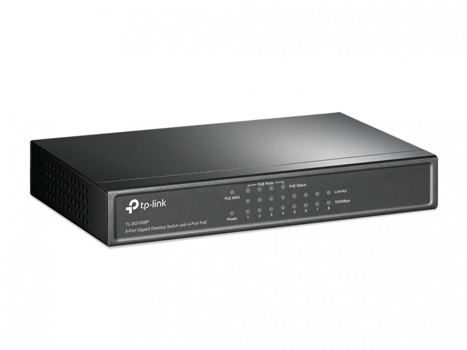 Imagine PoE (Power Over Ethernet) Switch 8 Porturi 10/100M (4 porturi PoE). Gigabit, carcasa metal TL-SG1008