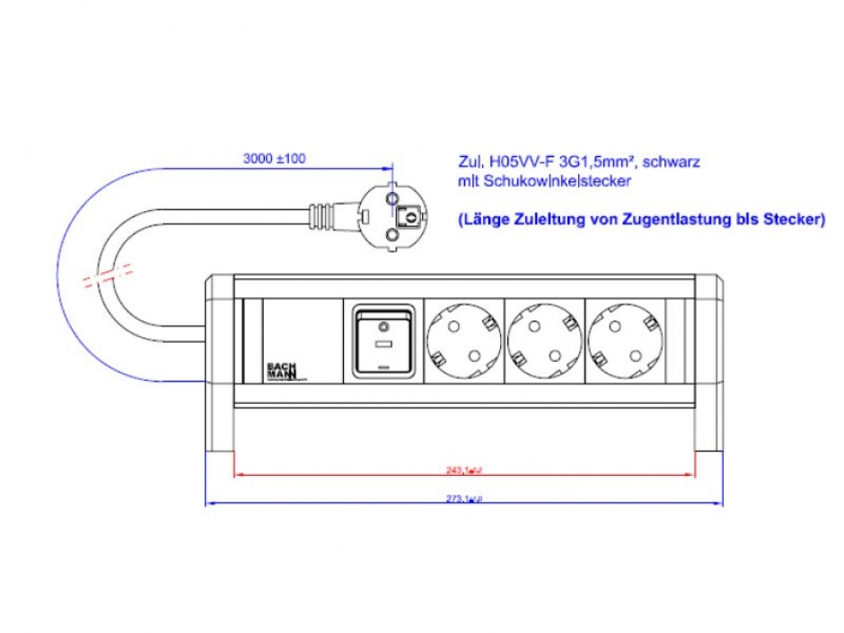 Imagine Priza birou DESK 1 cu 3 x Schuko + Switch 3m Negru, BACHMANN 339.1001