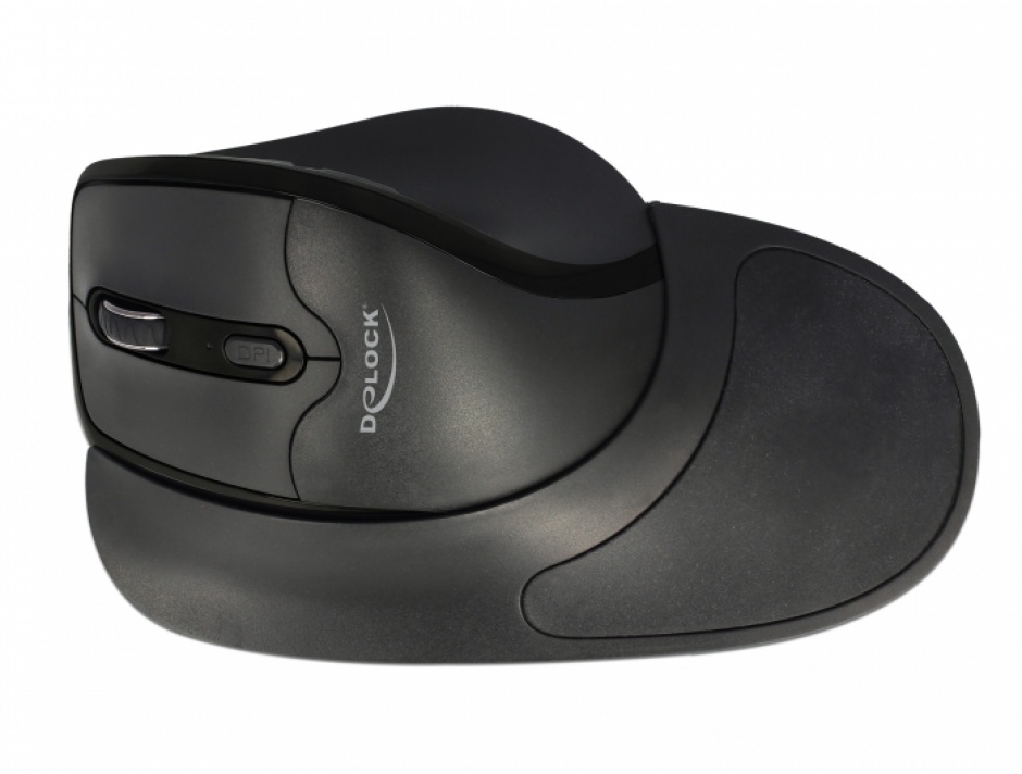 Imagine Mouse optic wireless ergonomic cu mouse pad pentru mana stanga Negru, Delock 12552