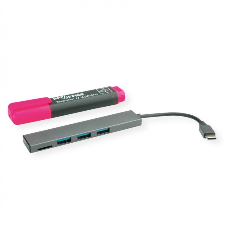 Imagine HUB ultra slim USB 3.2 Gen 1-C la 3 x USB-A + cititor carduri microSD, Roline 14.02.5051