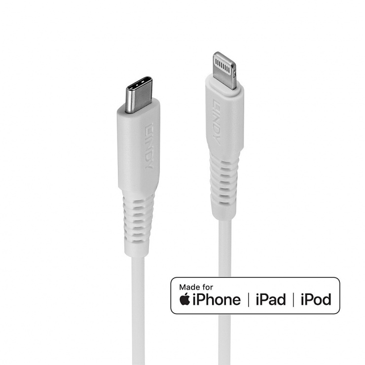 Imagine Cablu de date si incarcare Quick Charge USB type C la Lightning MFI 2m T-T Alb, Lindy L31317