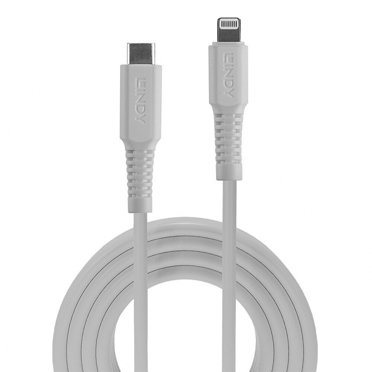 Imagine Cablu de date si incarcare Quick Charge USB type C la Lightning MFI 3m T-T Alb, Lindy L31318