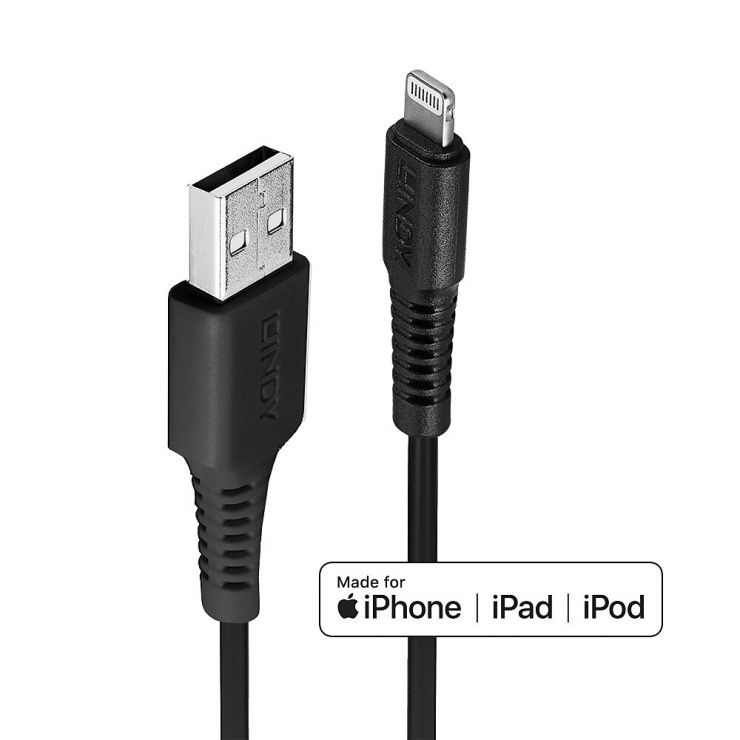 Imagine Cablu de incarcare + date USB la Lightning MFI 1m Negru, Lindy L31320 