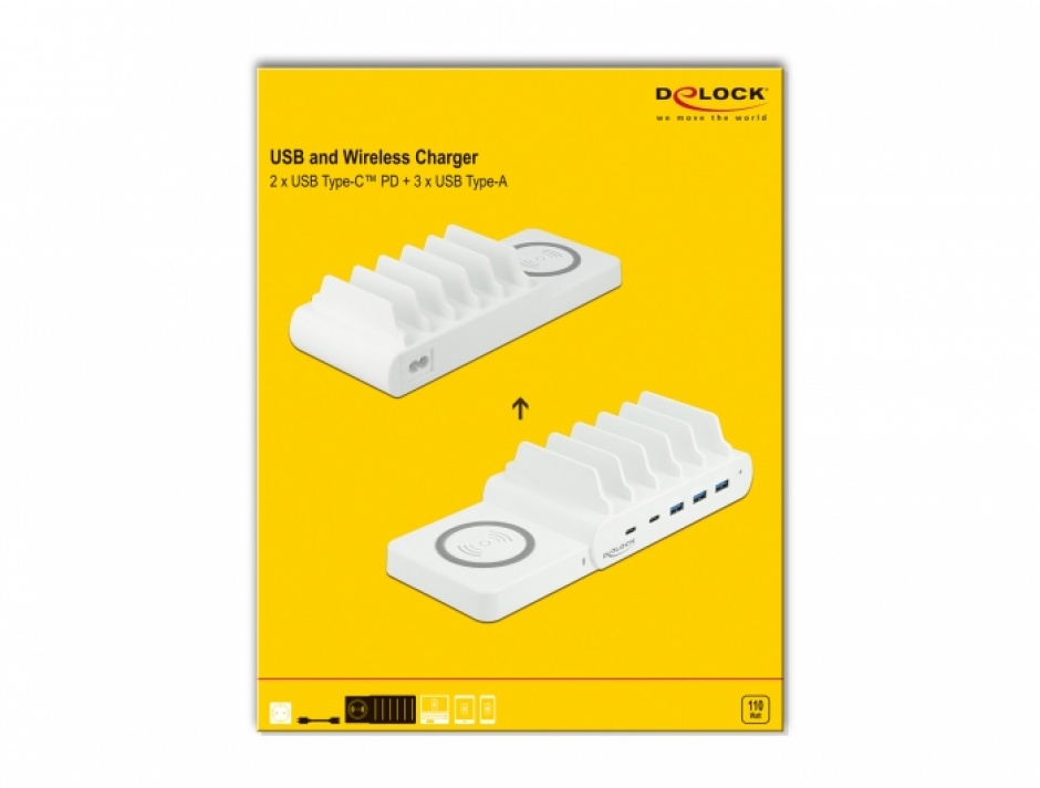Imagine Incarcator wireless + 2 x USB Type-C PD + 3 x USB-A 110 W, Delock 41450