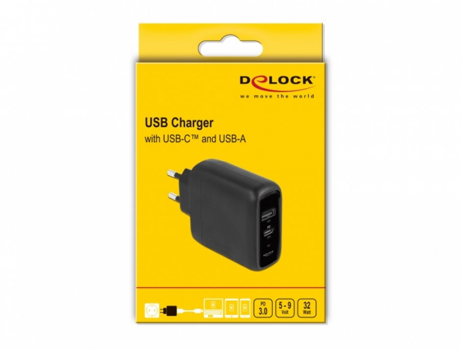 Imagine Incarcator priza cu USB Type-C PD 3.0 + USB-A 20W+12W, Delock 41455