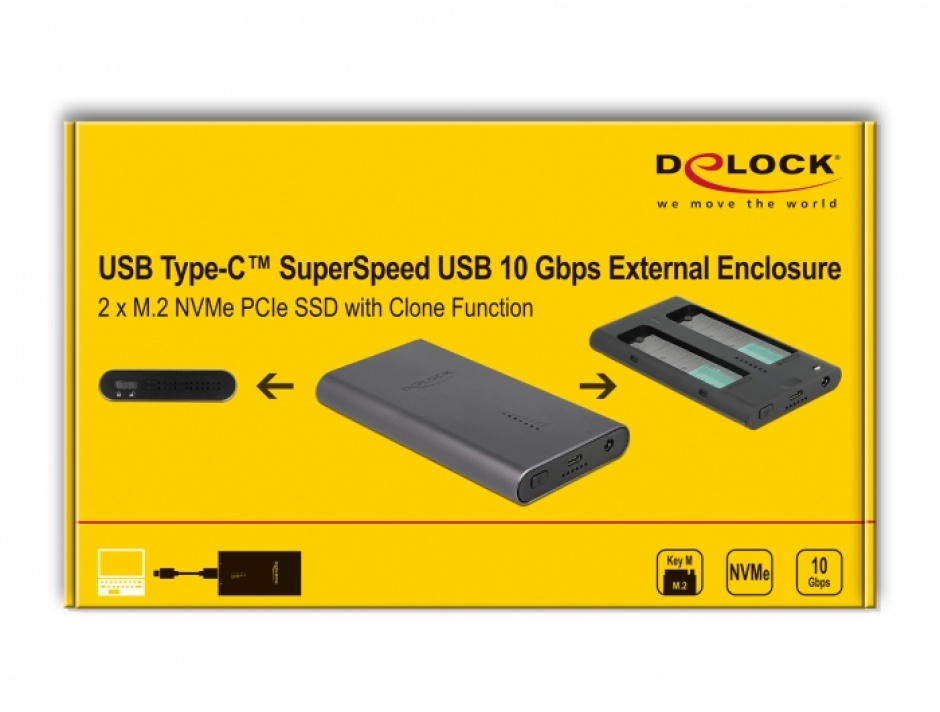 Imagine Rack extern USB USB 3.2 Gen2 type C la 2 x M.2 NVMe PCIe SSD + functie clona, Delock 42010