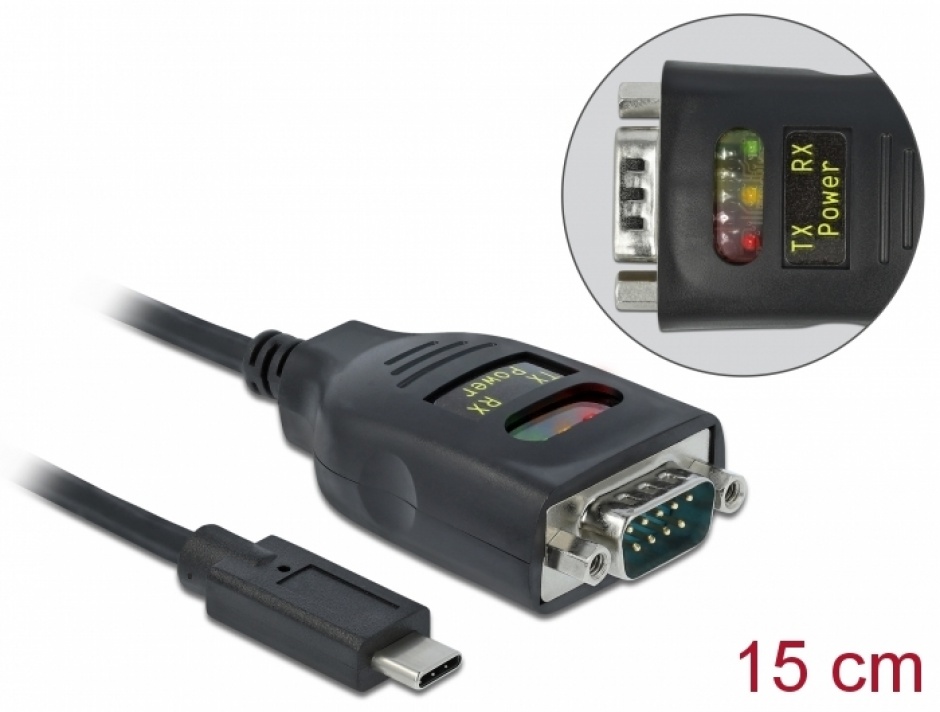 Imagine Cablu USB type C la Serial RS-232 DB9 FTDI LED cu protectie 15 kV ESD 0.6m, Delock 64038
