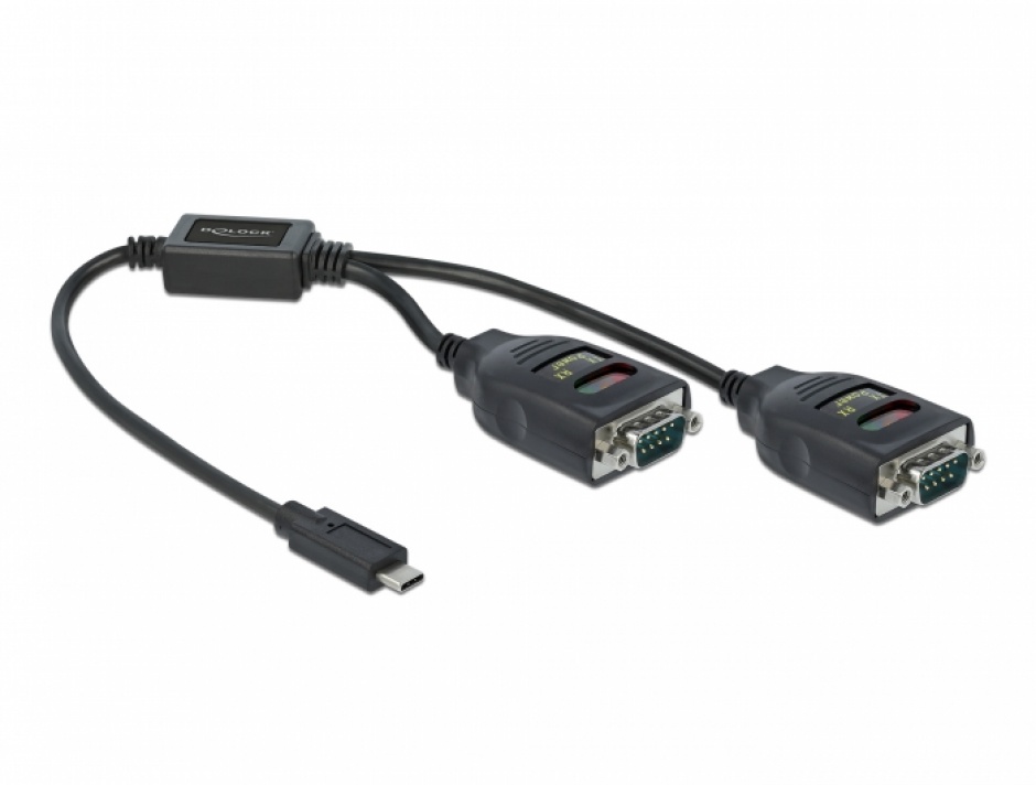 Imagine Adaptor USB Type-C la 2 x Serial RS-232 DB9 FTDI cu protectie 15 kV ESD, Delock 90494