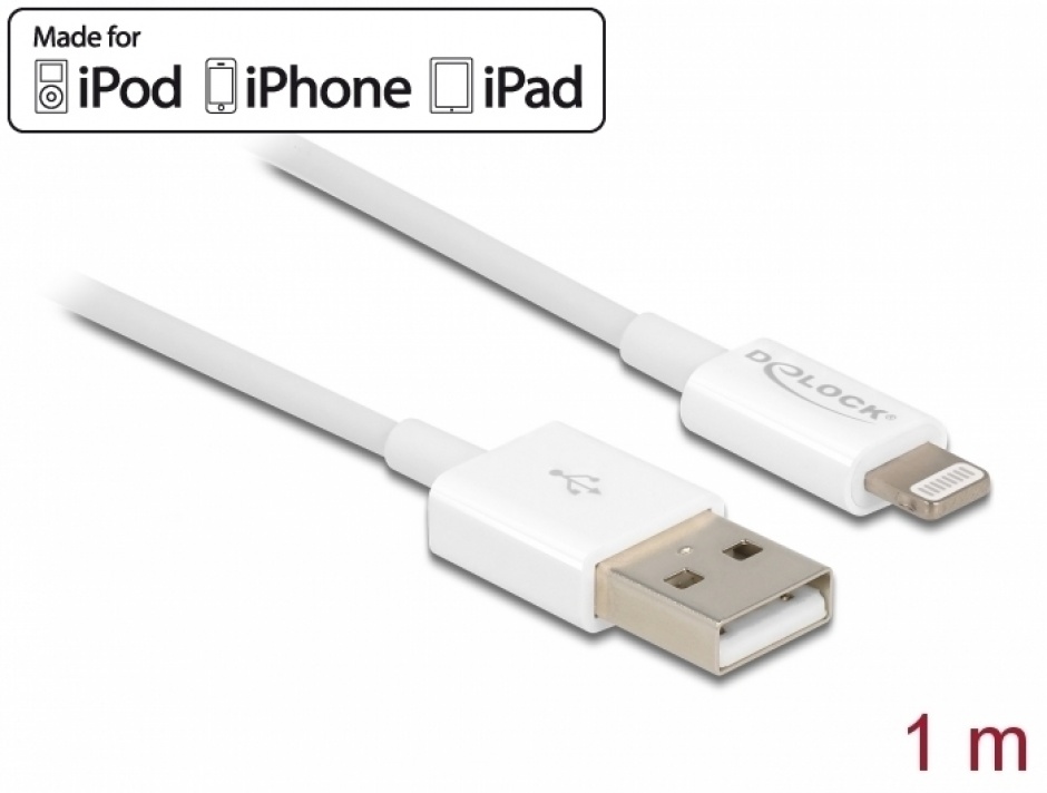 Imagine Cablu de date si incarcare iPhone/iPad/iPod Lightning MFI 1m Alb, Delock 83000