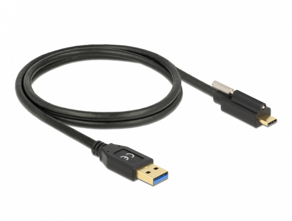 Imagine Cablu SuperSpeed USB 10 Gbps (USB 3.1 Gen 2) tip A la USB-C cu surub sus T-T 1m Negru, Delock 83717