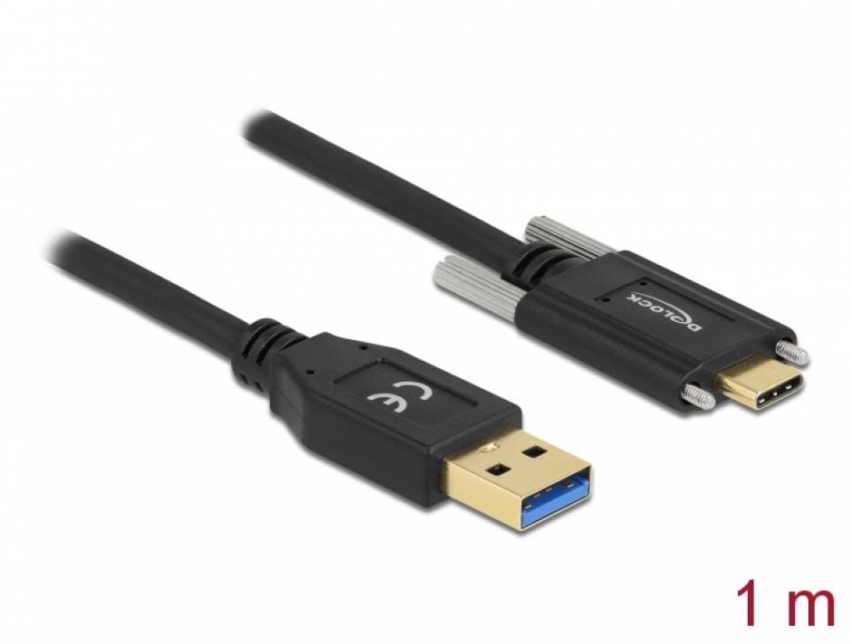 Imagine Cablu SuperSpeed USB 10 Gbps (USB 3.1 Gen 2) tip A la USB-C cu suruburi pe laterale T-T 1m Negru, Delock 83718