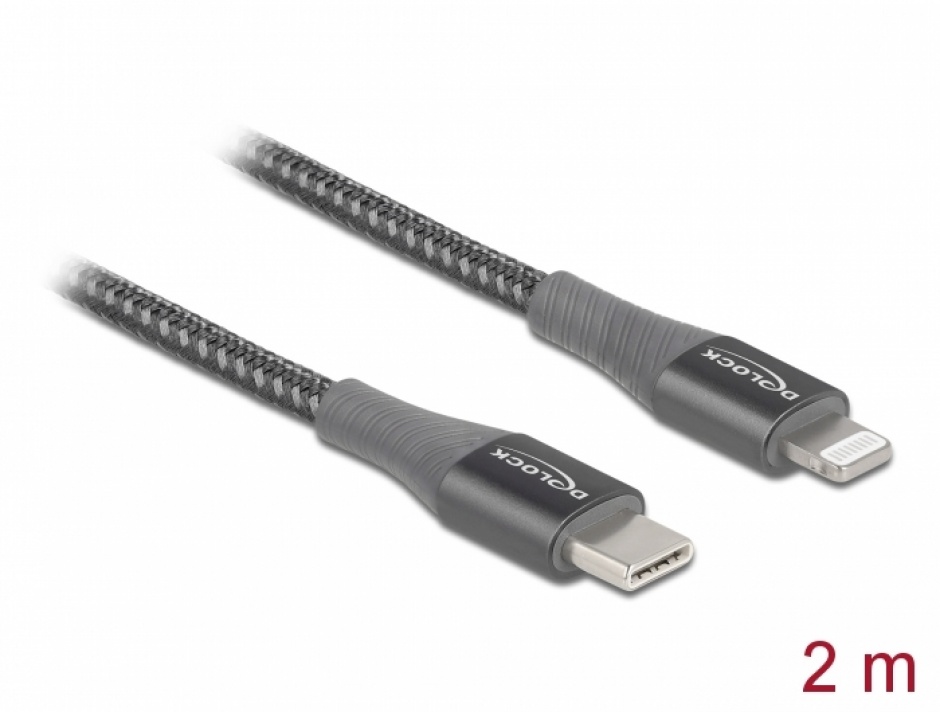 Imagine Cablu de date si incarcare USB Type-C la Lightning MFI Gri 2m, Delock 86632