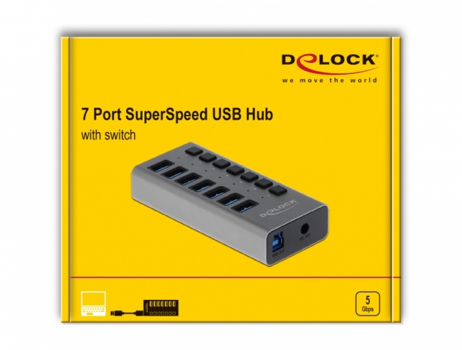 Imagine HUB cu 7 porturi USB 3.0 + Switch On/Off, Delock 63669