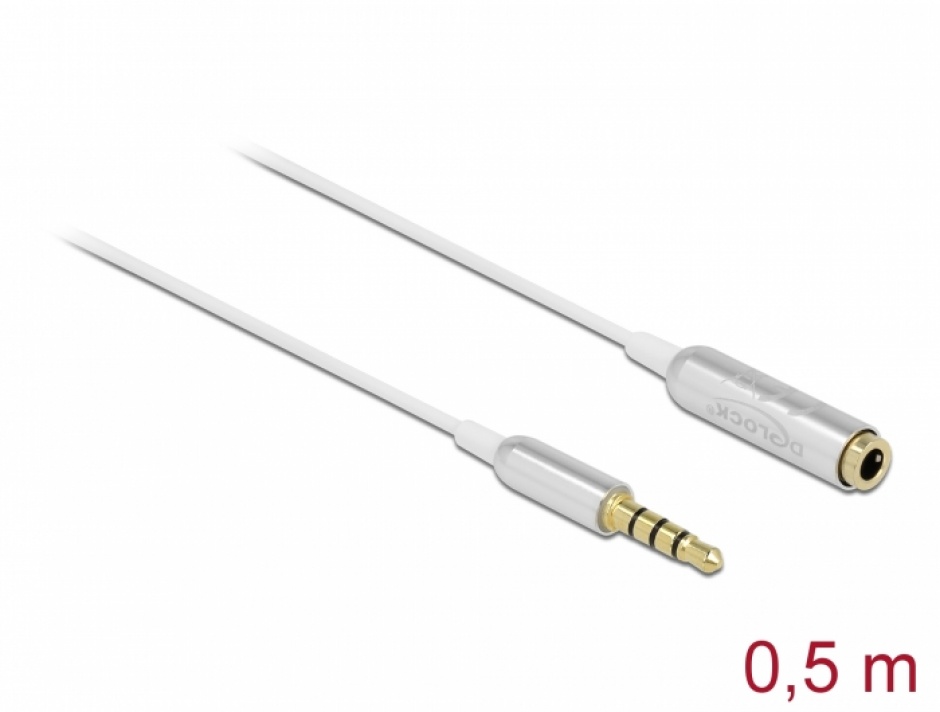 Imagine Cablu prelungitor Ultra Slim jack stereo 3.5mm 4 pini T-M 0.5m Alb, Delock 66072