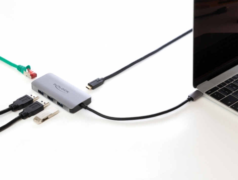 Imagine HUB USB 3.2 Gen 1-C la 4 x USB-A + Gigabit LAN + alimentare PD, Delock 63252