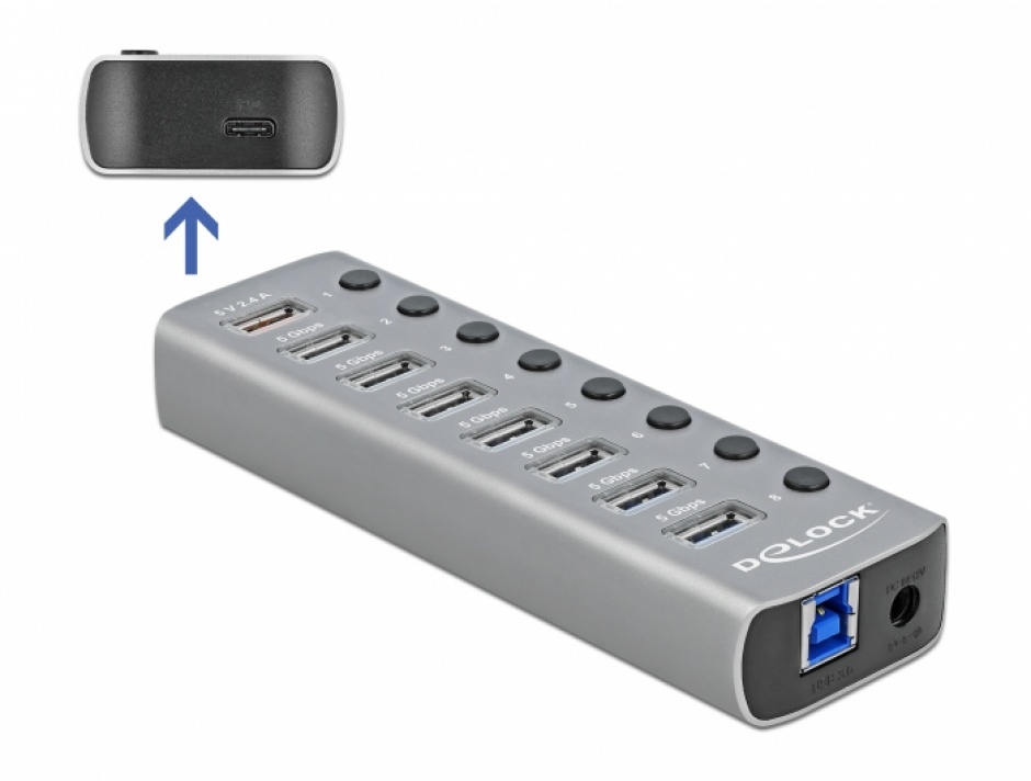 Imagine HUB USB 3.2 Gen 1 cu 7 porturi + 1 Fast Charging + 1 USB-C PD 3.0 cu iluminare + switch ON/Off, Delo