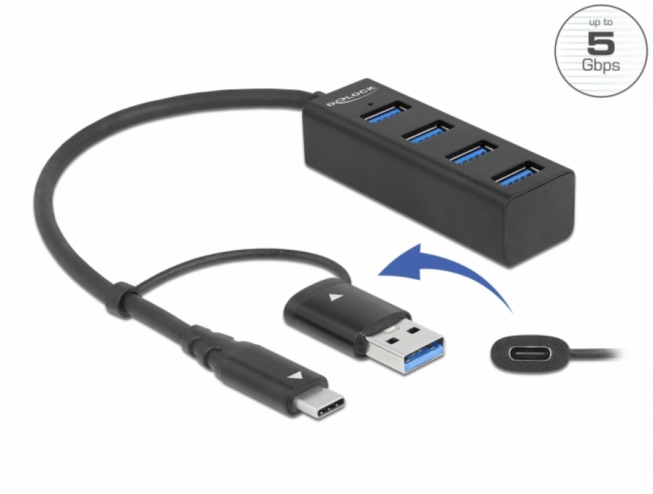 Imagine HUB USB 3.2 Gen1 A+C la 4 x USB-A, Delock 63828