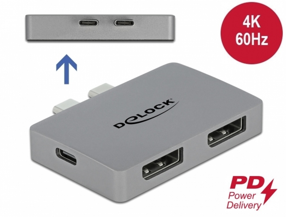 Imagine Adaptor Dual 2 x USB-C la 2 x Displayport PD 3.0 pentru MacBook, Delock 64001