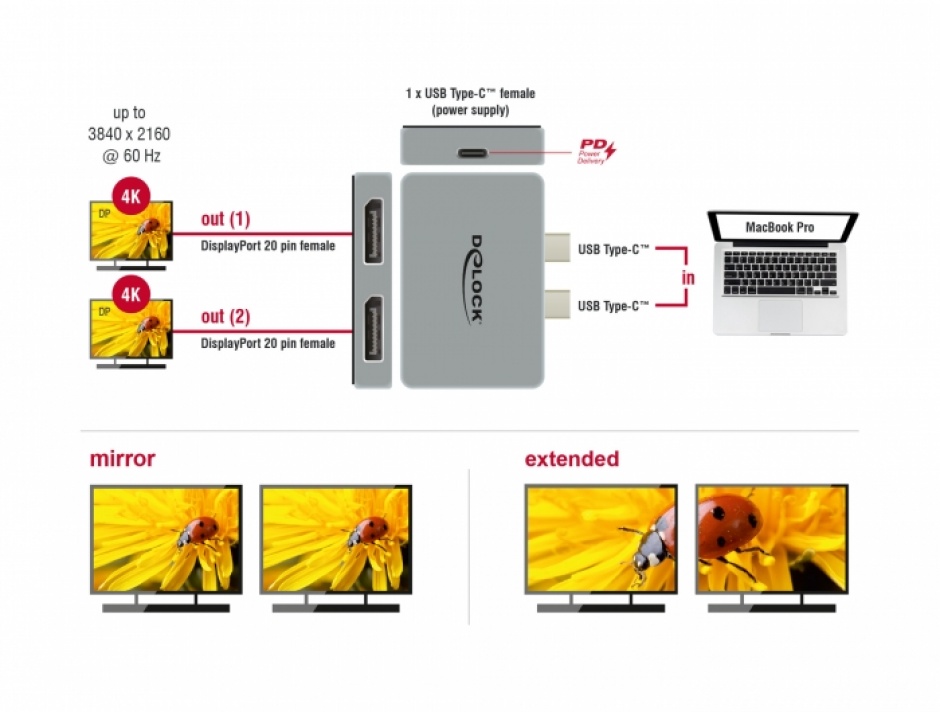 Imagine Adaptor Dual 2 x USB-C la 2 x Displayport PD 3.0 pentru MacBook, Delock 64001