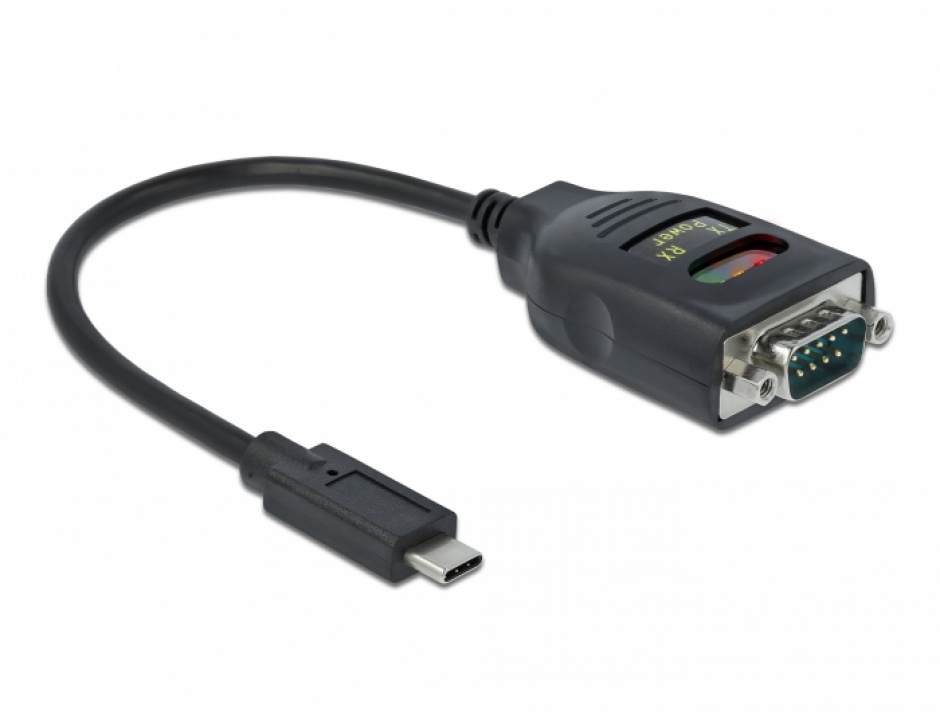 Imagine Cablu USB type C la Serial RS-232 DB9 FTDI LED cu protectie 15 kV ESD 0.6m, Delock 64038