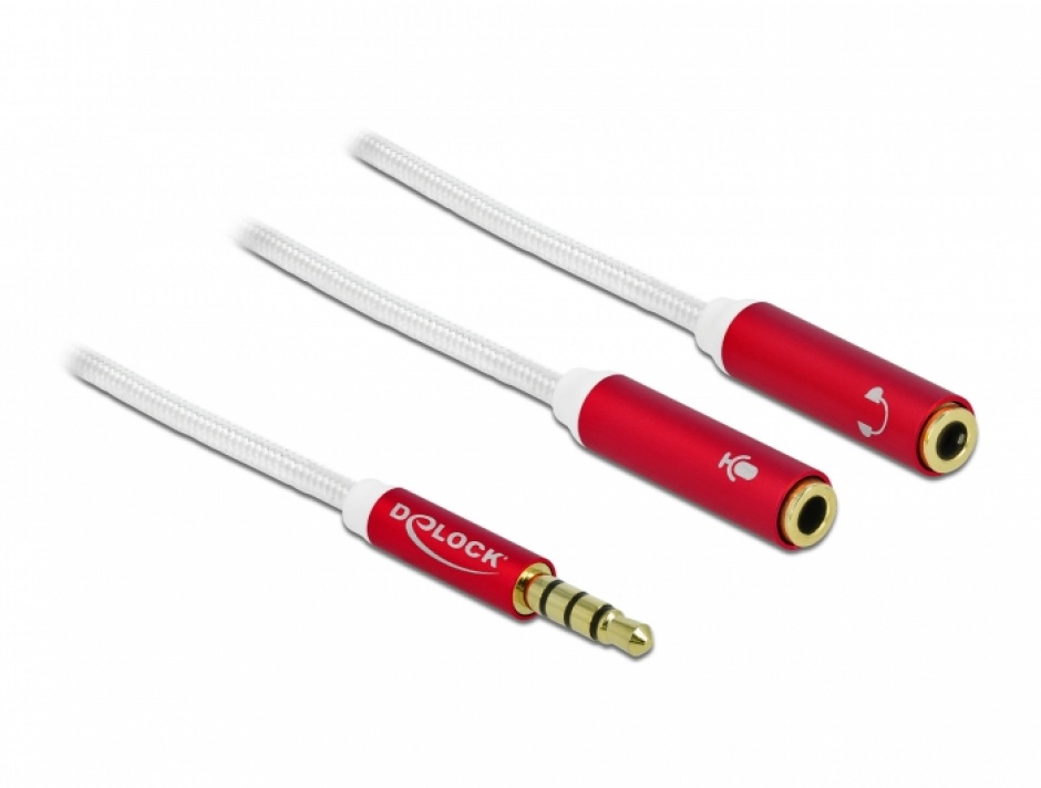 Imagine Adaptor Stereo jack 3.5mm la 2 x jack 3.5mm pentru casca + microfon T-M (CTIA) 1m Alb, Delock 66520